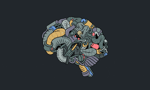 a drawing of a brain made up of metal parts and tubes and sparkplugs, a metal gray and yellow color against a gray background