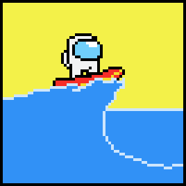 pixel art cartoon astronaut surfer on a blue pixel art wave gif