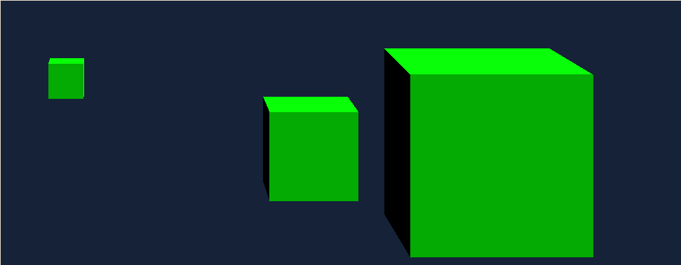 three green square cubes against a blue background drawn using three.js