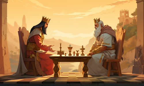 drawing of kings playing chess against each other