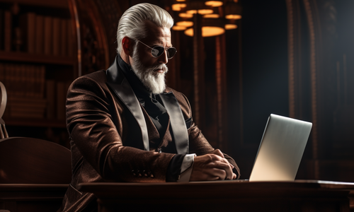 snazzily dressed old man in a dining jacket sitting at his laptop